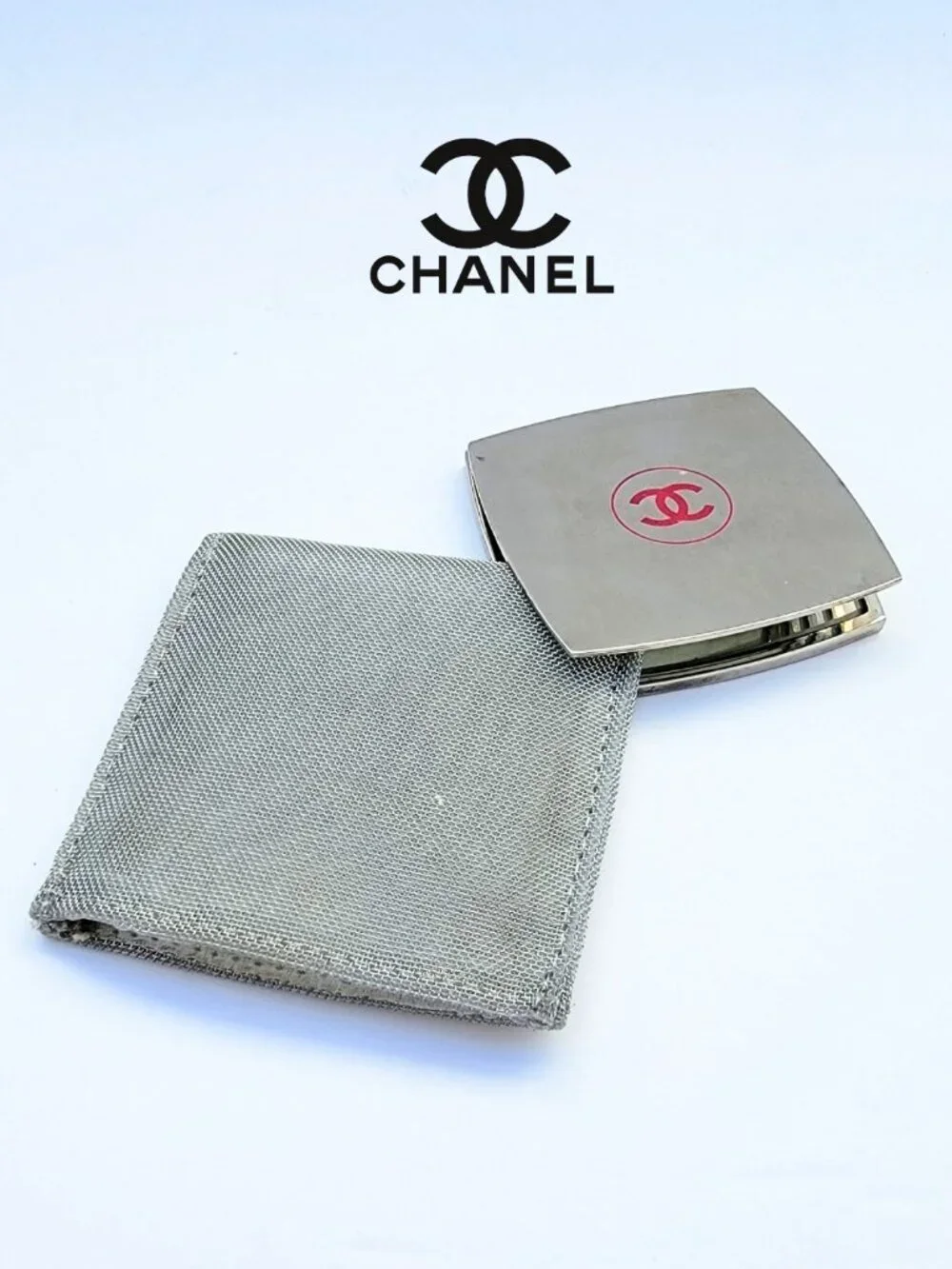 CHANEL authentic vintage compact mirror, silver &  silver mesh sleeve, CC logo